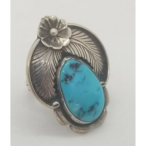 Sterling Silver and Turquoise Stone Navajo Inspired Ring Feathers Flower - Picture 1 of 9